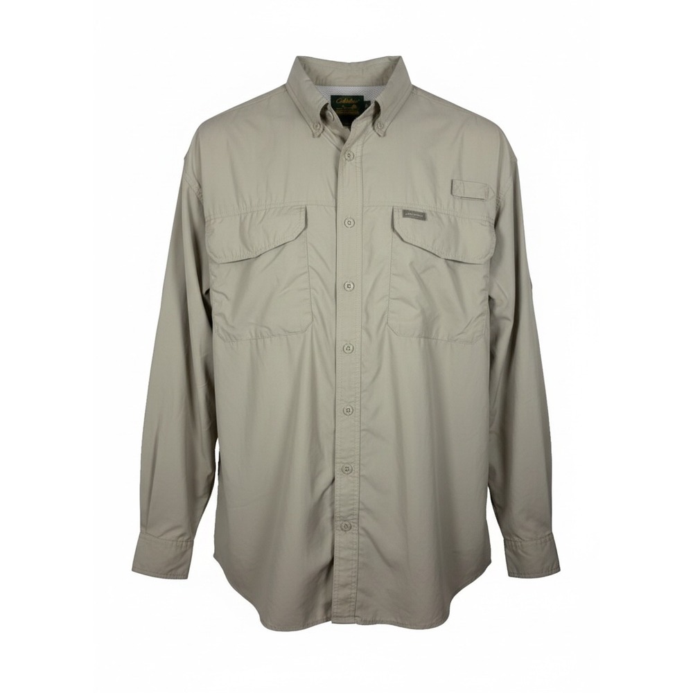 Cabelas Guidewear Fishing Shirt Vented Men XL Tall Khaki Tan Nylon Long Sleeve
